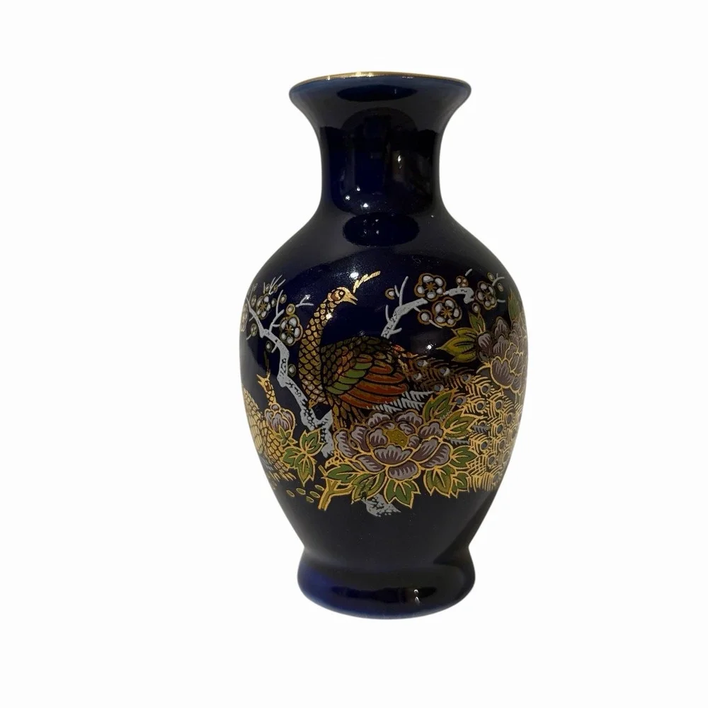 Small Vintage‎ Cobalt Blue Peacock Vase with Florals & Gold Accents 4